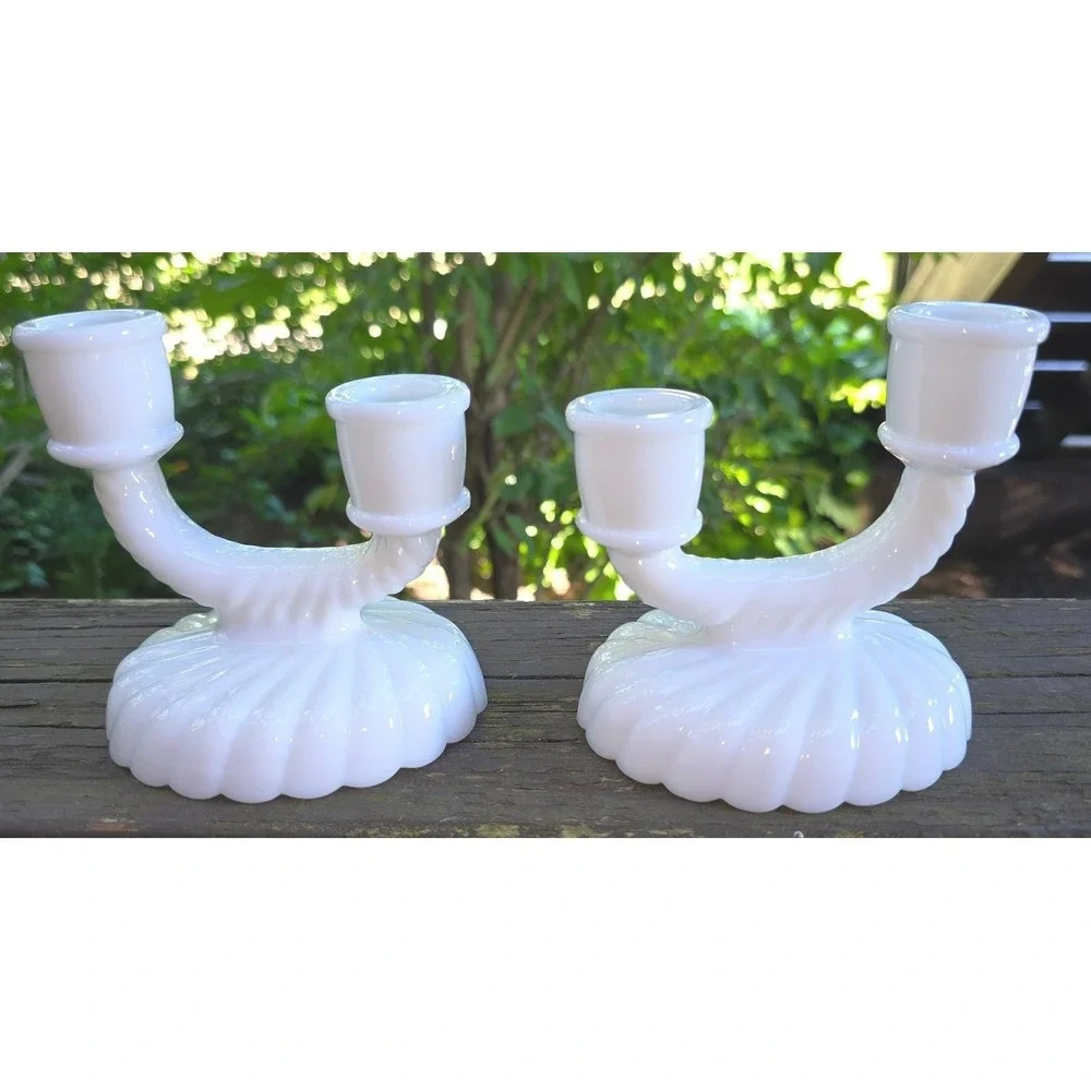 Fenton Vintage Milk Glass Double Candlestick Holder Swirl Ribbed Pattern Set